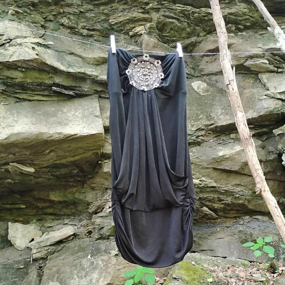Studio Y Black Medallion Draped Sleeveless Strapless Beaded Sexy Tube Top